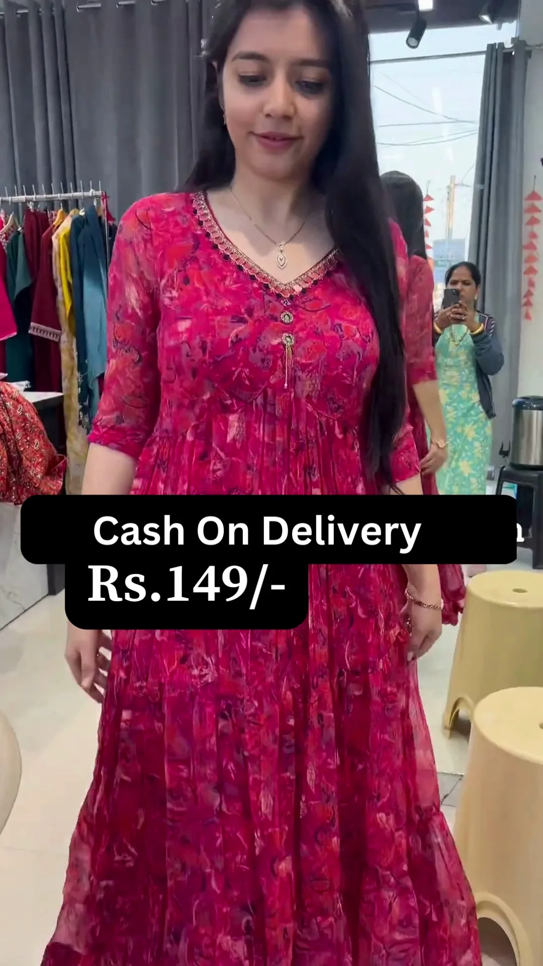 Elegant Red Floral Cotton Frock Kurti Dress - Front Button Pattern