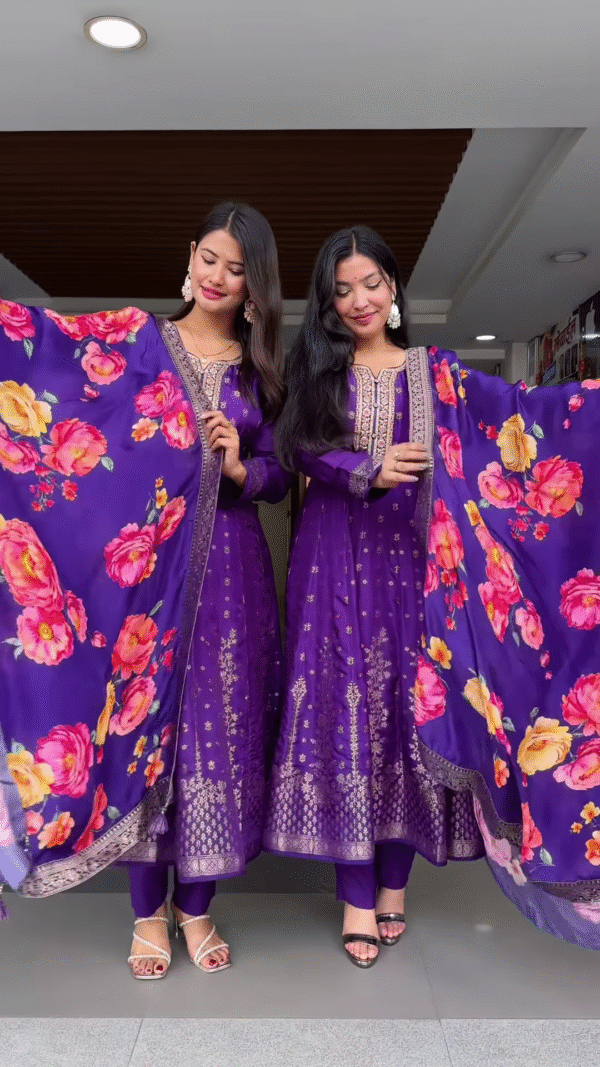 Purple Embroidered Suit Set with Floral Dupatta -Regal Ethnicwear for Women
