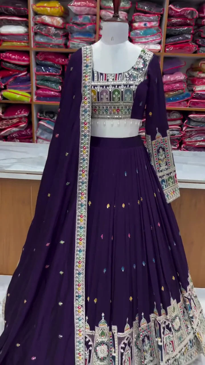 Elegant Deep Purple Georgette Designer Chaniya Choli with Heavy Mirror and Foil Work
