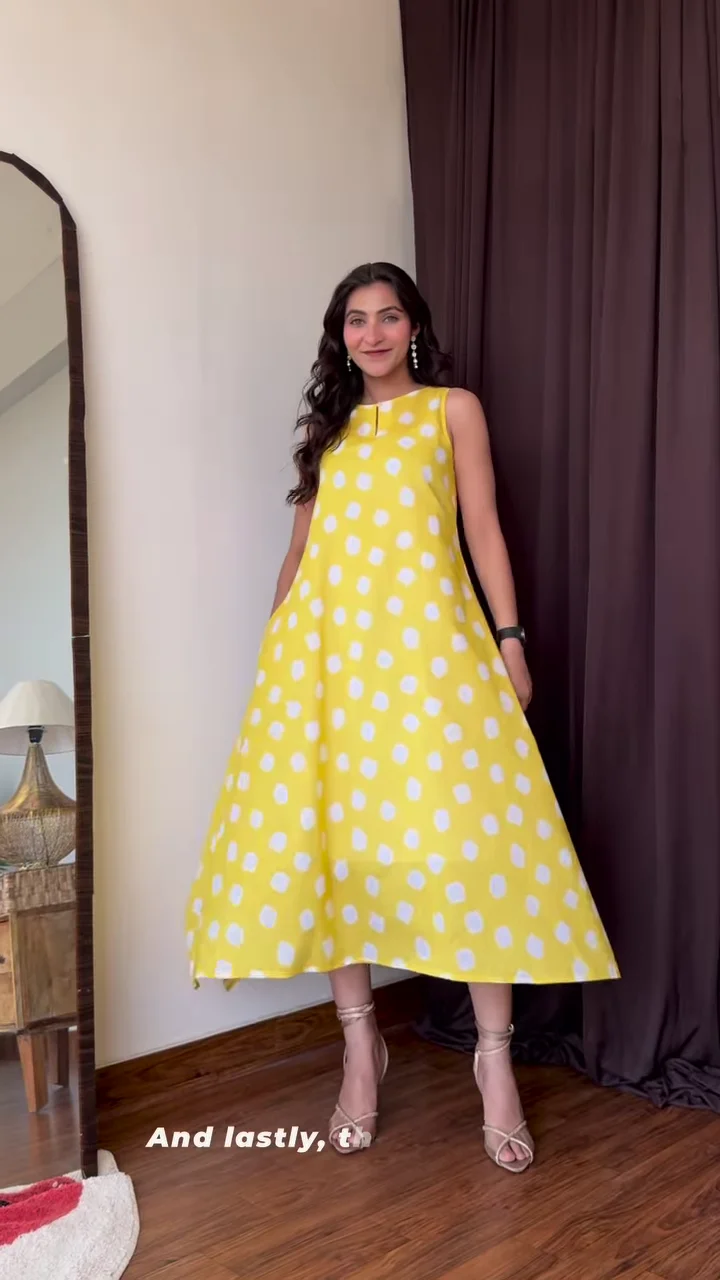 Vibrant Yellow Flowy Polka Dot Summer Dress by Pink Fort - Breezy A-Line Silhouette
