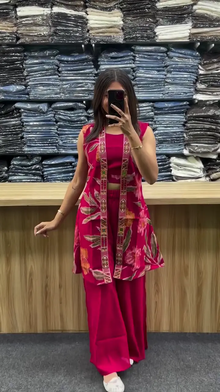 Hot Pink Printed Indo-Fusion Co-Ord Set with Jacket Layer 💗🌺🌿