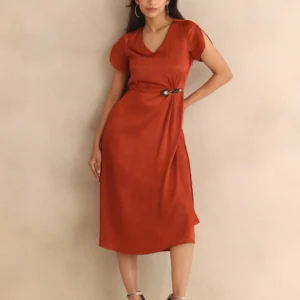 rust-v-neck-short-sleeves-asymmetric-midi-party-dress