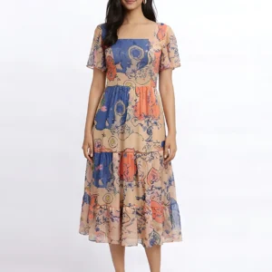 peach-square-neck-floral-print-short-flared-sleeves-fit-and-flare-tiered-dress