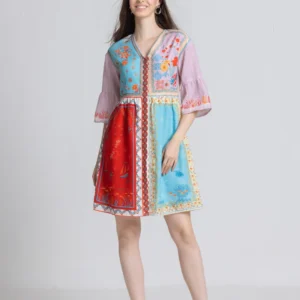 blue-floral-print-v-neck-three-quarter-flared-sleeves-button-down-above-knee-dress