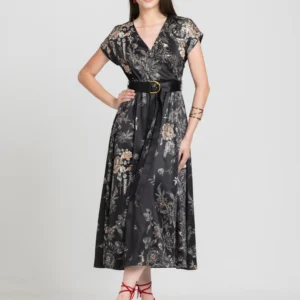 black-v-neck-floral-print-short-extended-sleeves-party-dress-with-belt