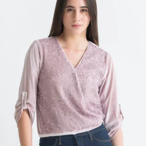 pink-sequin-v-neck-three-quarter-sleeves-party-crop-top